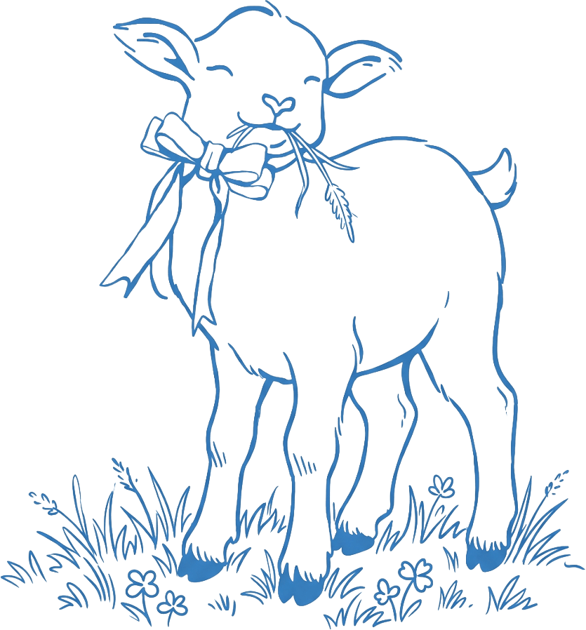 A digital graphic line drawing of a cute goat with a bow eating grass off the ground. It chews on a piece of hay.