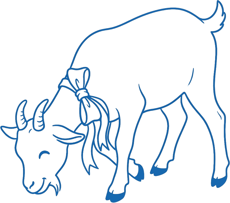 A cute goat with a bow in the grazing position. Vector outline illustration of an Easter goat. Clipart featuring a farm animal.
