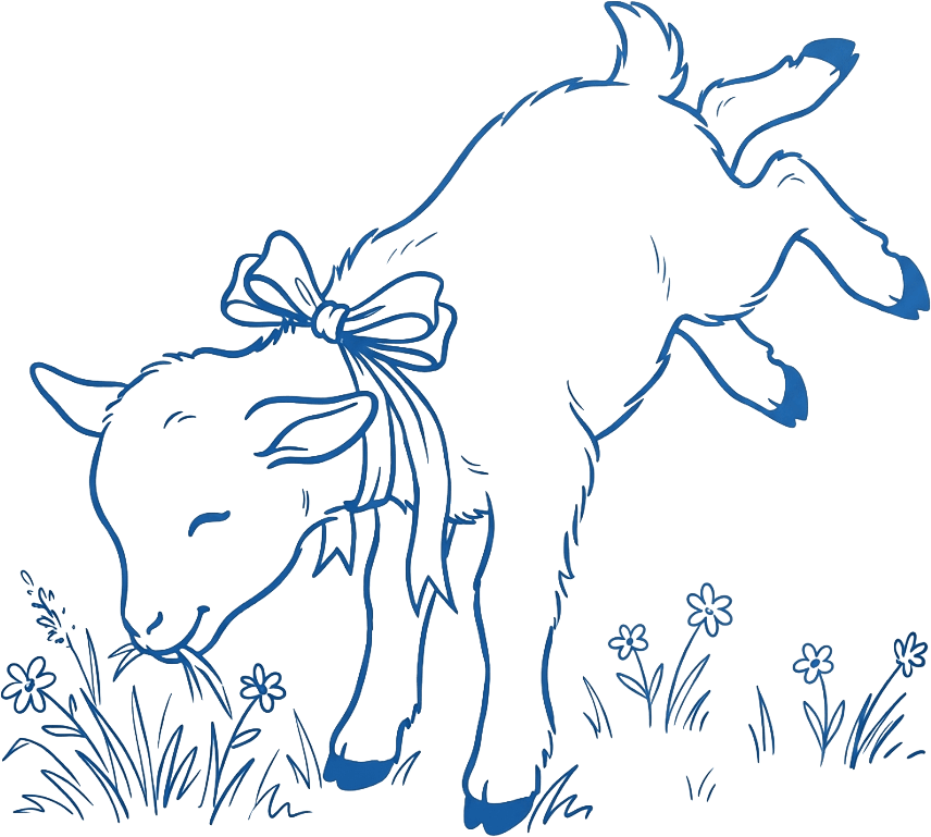 A graphic of a cute goat with a bow kicks his back pair of legs in the air.