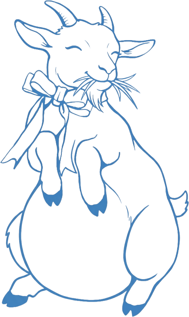 A graphic line drawing of a cute goat with a bow in the sitting position, eating hay, with a full belly.